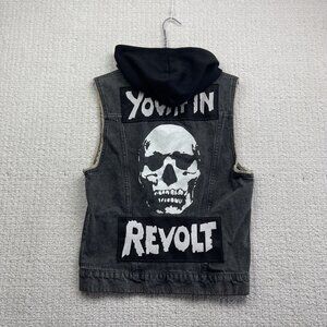 H & M Youth in Revolt Grey Denim jeans vest Hooded Skull Goth Emo Men Sz S Punk
